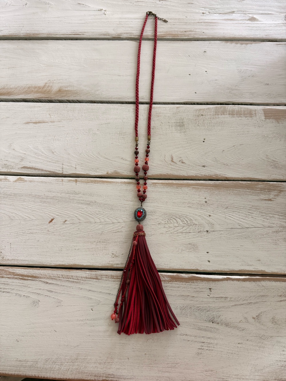 Layered Tassel & Bead Necklace Set - Red, Cream, Green, Brown, Gold (Mud Pie) - Picture 9 of 12